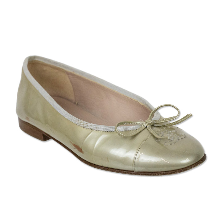 Chanel Gold Patent Leather CC Ballet Flats