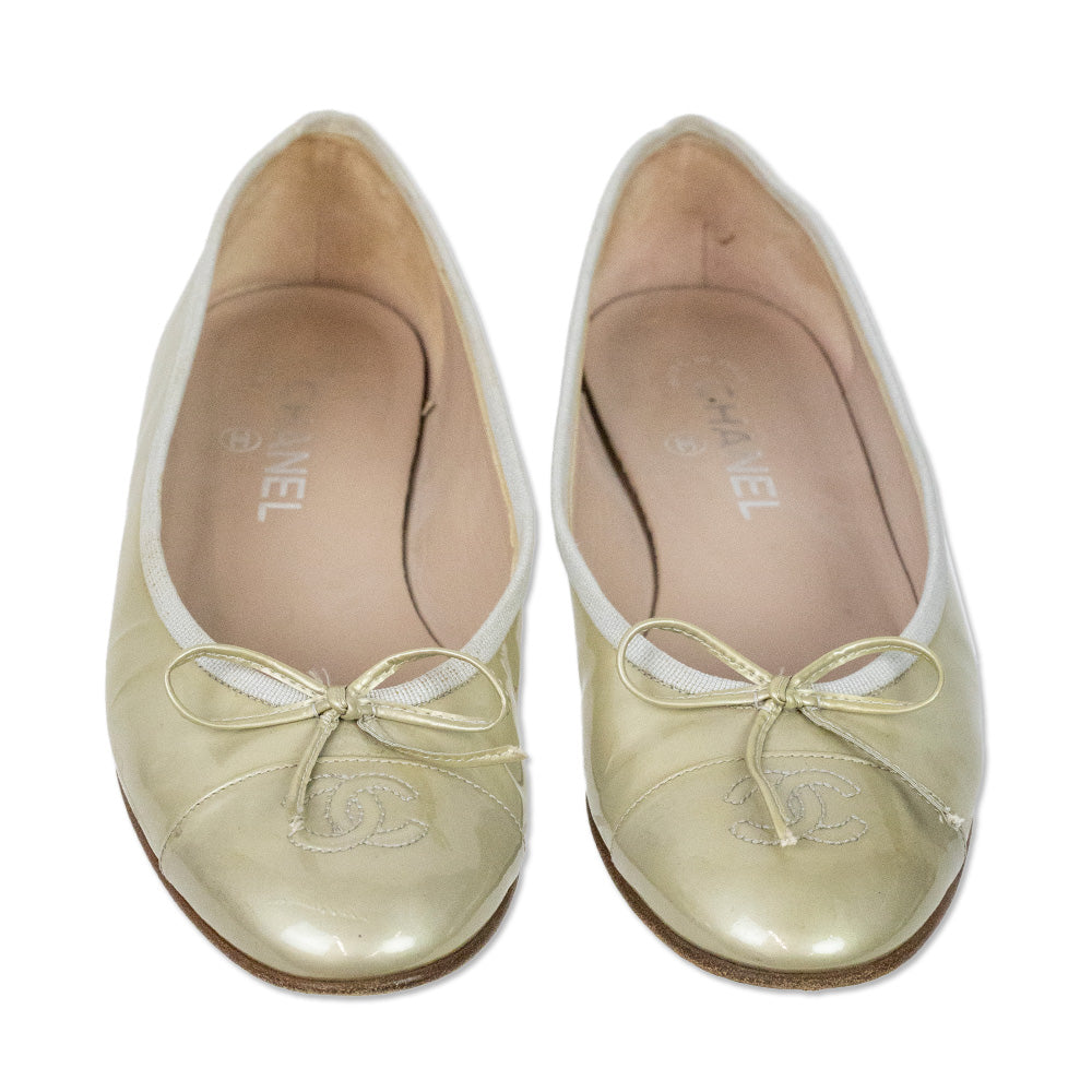 Chanel Gold Patent Leather CC Ballet Flats