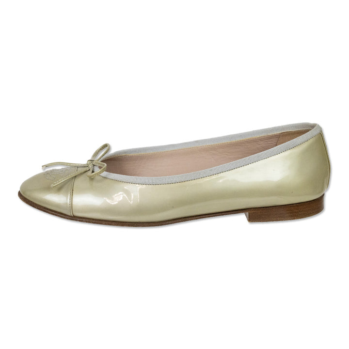 Chanel Gold Patent Leather CC Ballet Flats