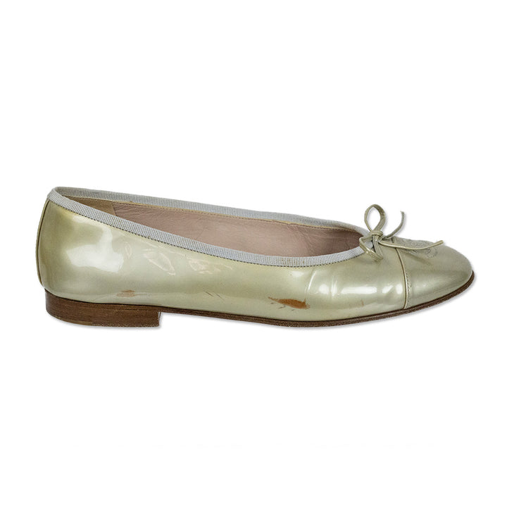 Chanel Gold Patent Leather CC Ballet Flats