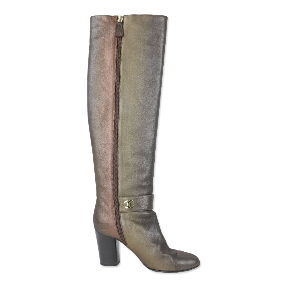 Chanel Gold/Copper Metallic Leather Knee High Boots