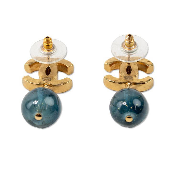 Chanel Gold and Blue Interlocking CC Drop Earrings