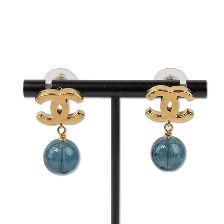 Chanel Gold and Blue Interlocking CC Drop Earrings