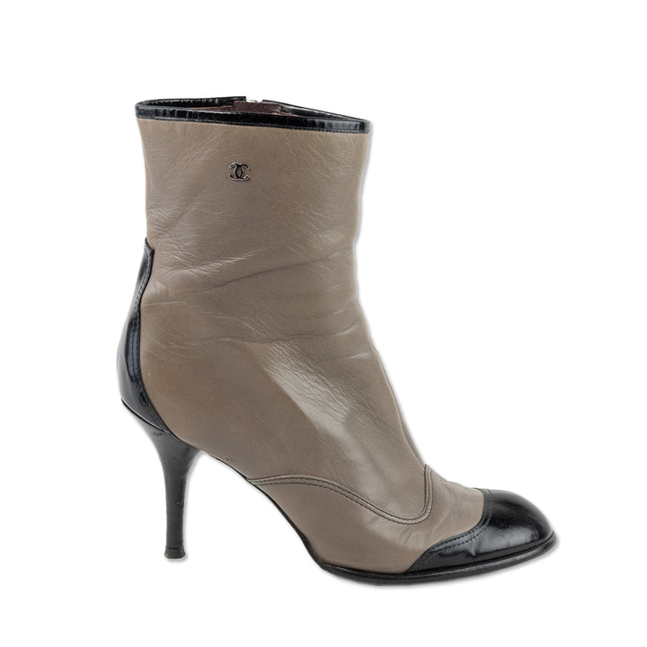 Chanel Gray Leather Heeled Ankle Boots with Black Accents