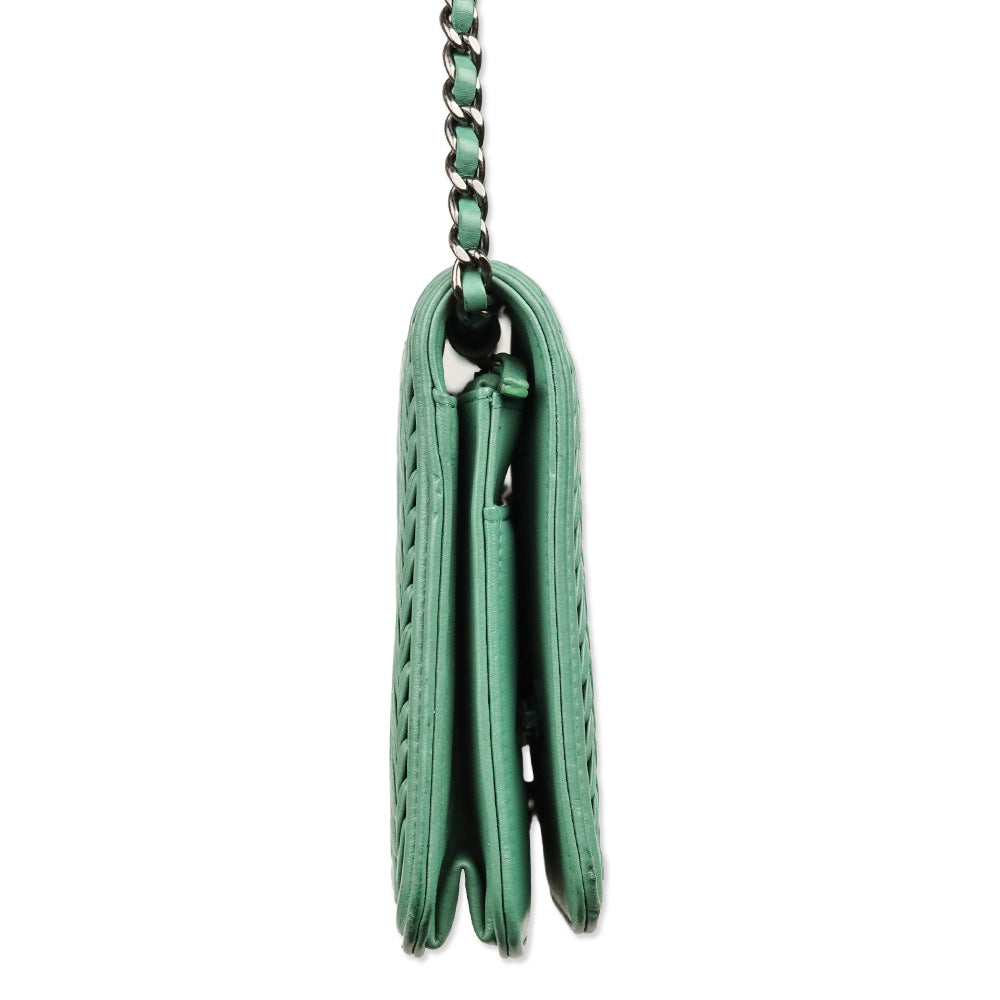 Chanel Green Chevron Quilted Calfskin Braided Boy Wallet On Chain