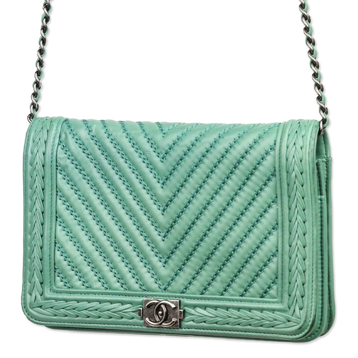 Chanel Green Chevron Quilted Calfskin Braided Boy Wallet On Chain