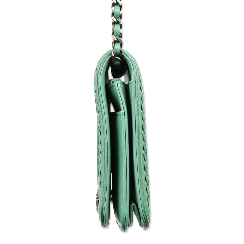 Chanel Green Chevron Quilted Calfskin Braided Boy Wallet On Chain