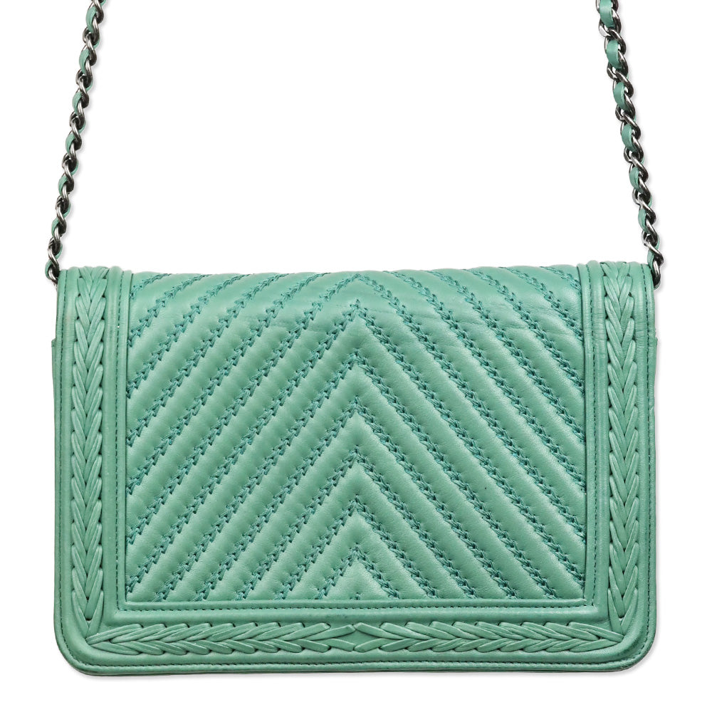 Chanel Green Chevron Quilted Calfskin Braided Boy Wallet On Chain