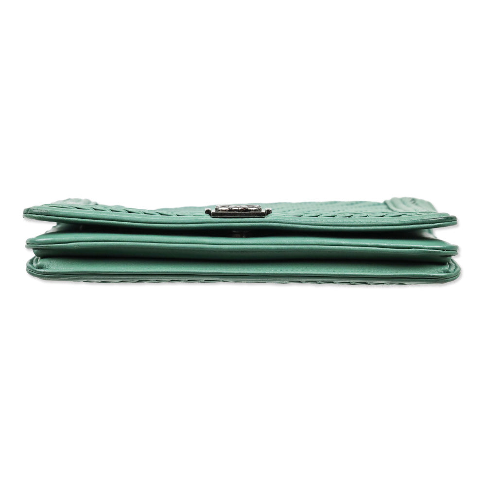 Chanel Green Chevron Quilted Calfskin Braided Boy Wallet On Chain