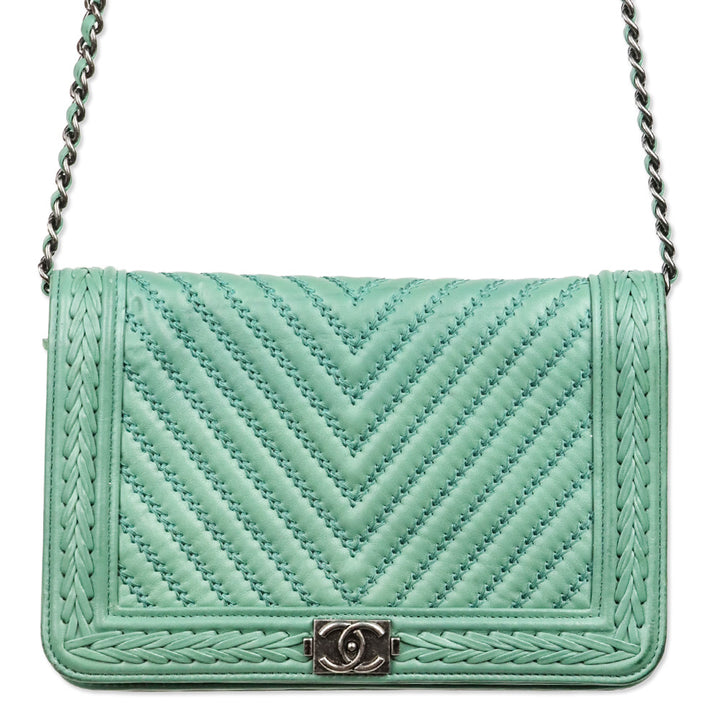 Chanel Green Chevron Quilted Calfskin Braided Boy Wallet On Chain