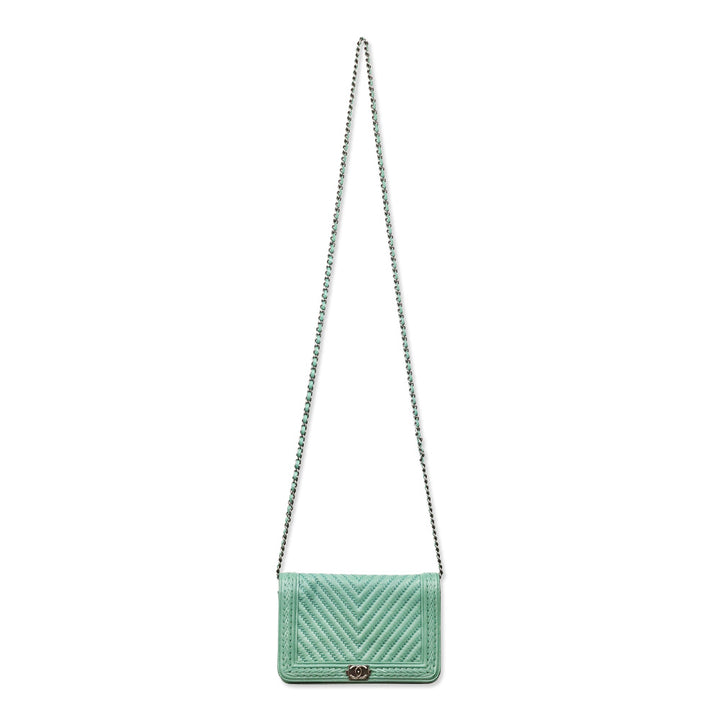 Chanel Green Chevron Quilted Calfskin Braided Boy Wallet On Chain