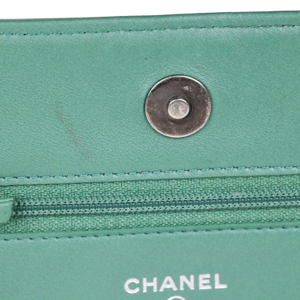 Chanel Green Chevron Quilted Calfskin Braided Boy Wallet On Chain