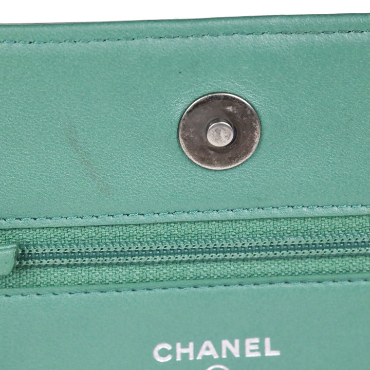 Chanel Green Chevron Quilted Calfskin Braided Boy Wallet On Chain