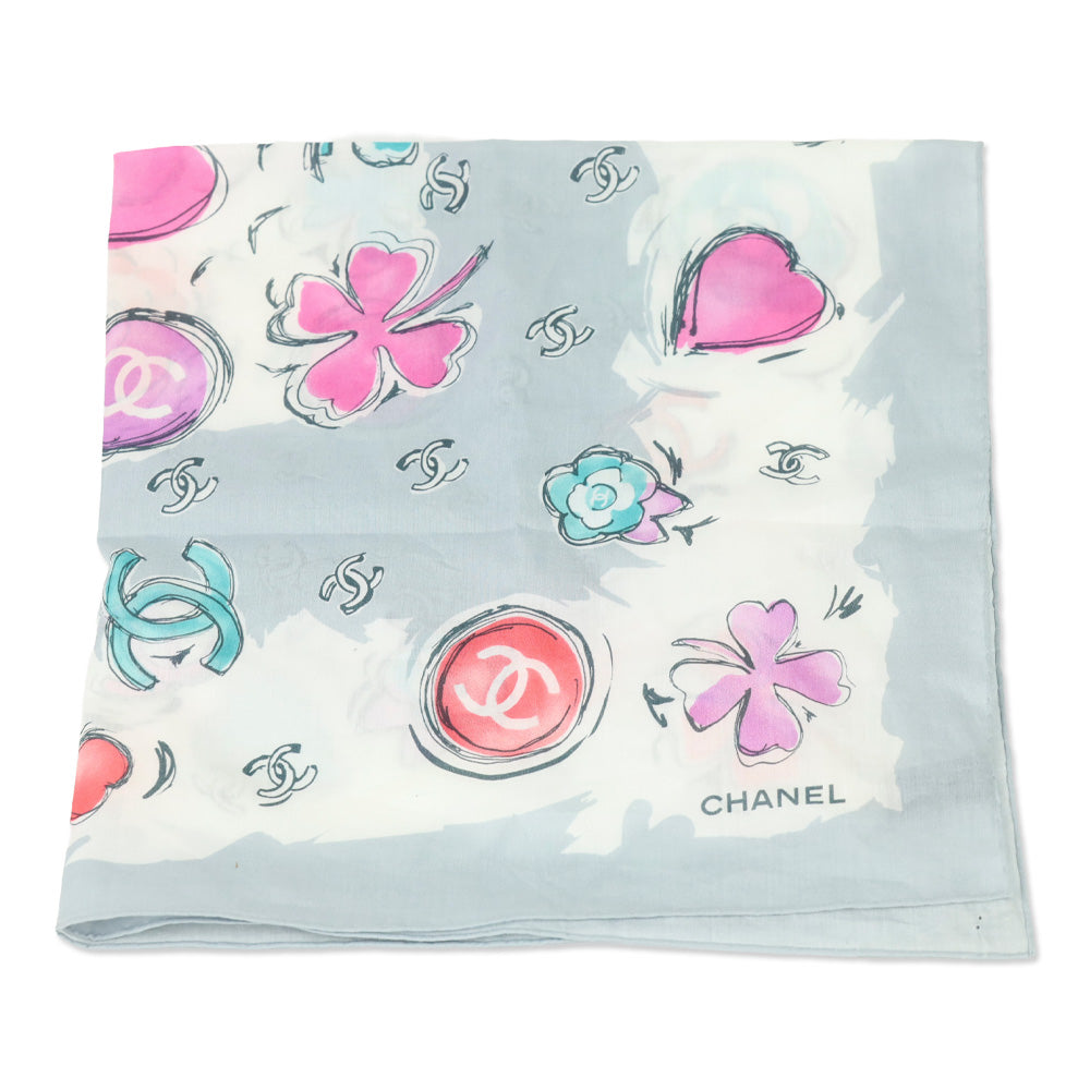 Chanel Grey CC Camellia Clover Heart Silk Scarf