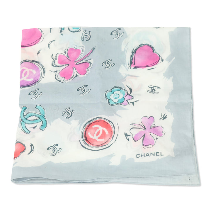 Chanel Grey CC Camellia Clover Heart Silk Scarf