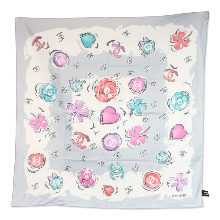 Chanel Grey CC Camellia Clover Heart Silk Scarf