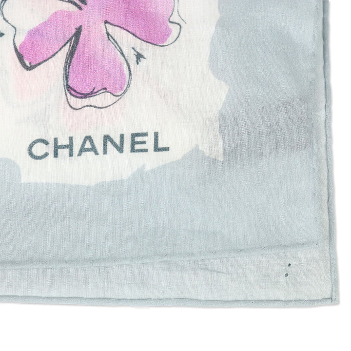 Chanel Grey CC Camellia Clover Heart Silk Scarf