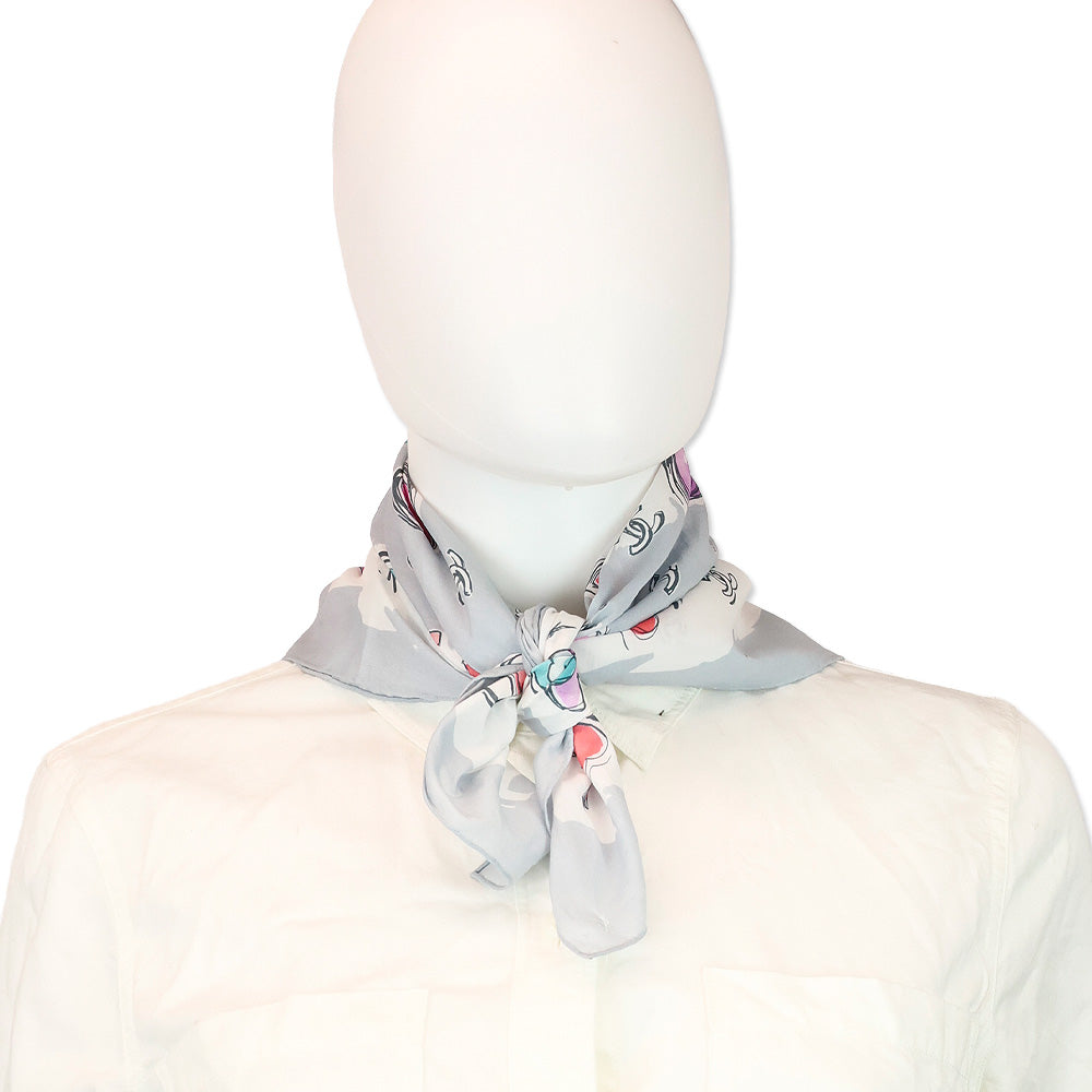 Chanel Grey CC Camellia Clover Heart Silk Scarf