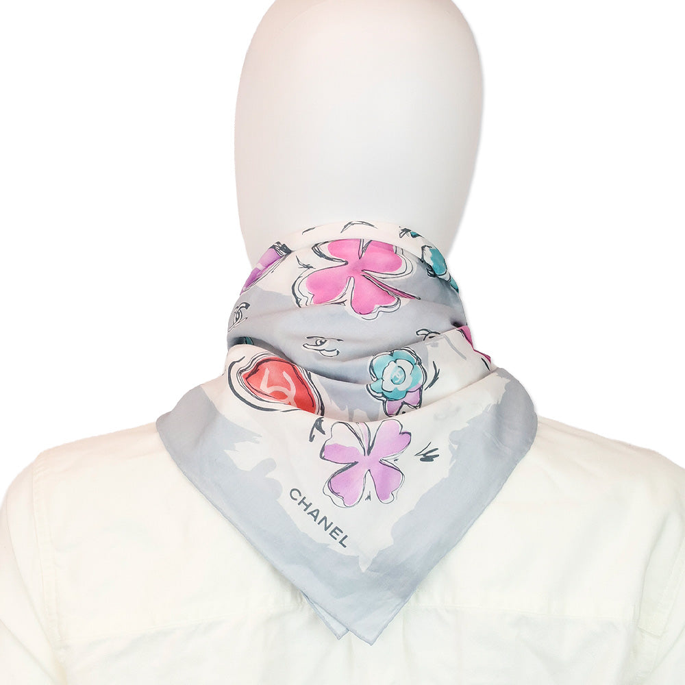Chanel Grey CC Camellia Clover Heart Silk Scarf