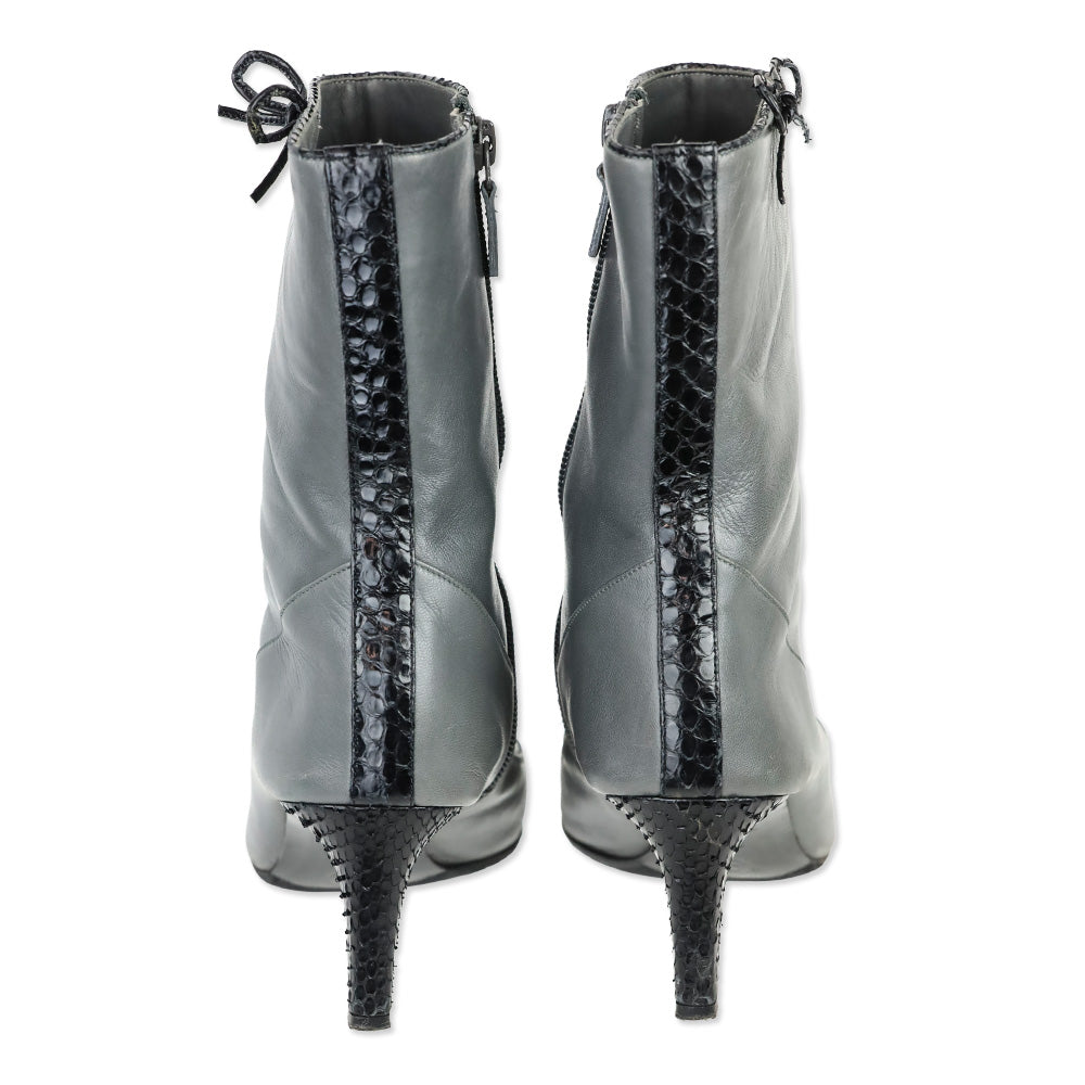Chanel Grey Calfskin Leather Snakeskin Cap Toe Bow Ankle Boots