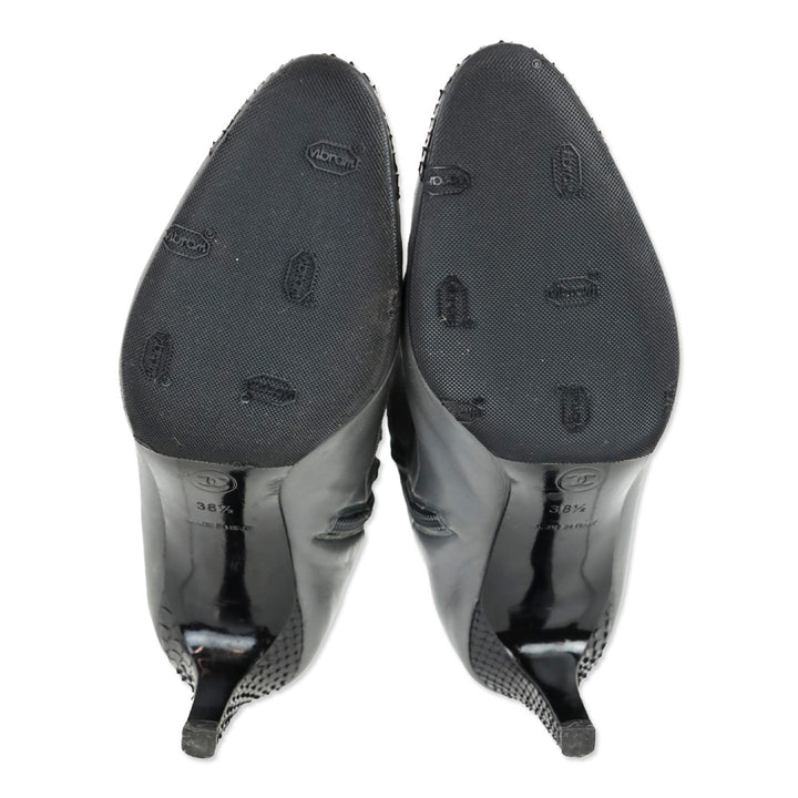 Chanel Grey Calfskin Leather Snakeskin Cap Toe Bow Ankle Boots