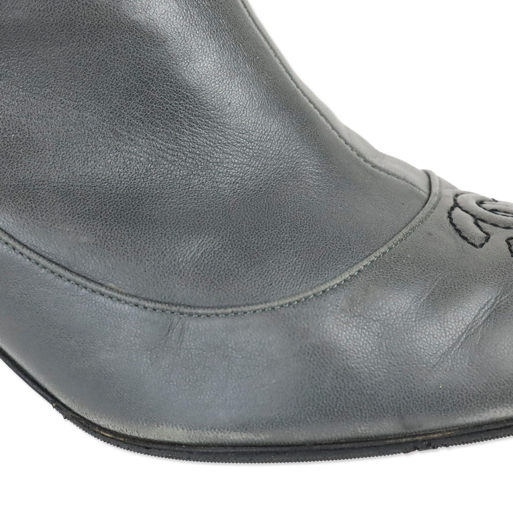 Chanel Grey Calfskin Leather Snakeskin Cap Toe Bow Ankle Boots