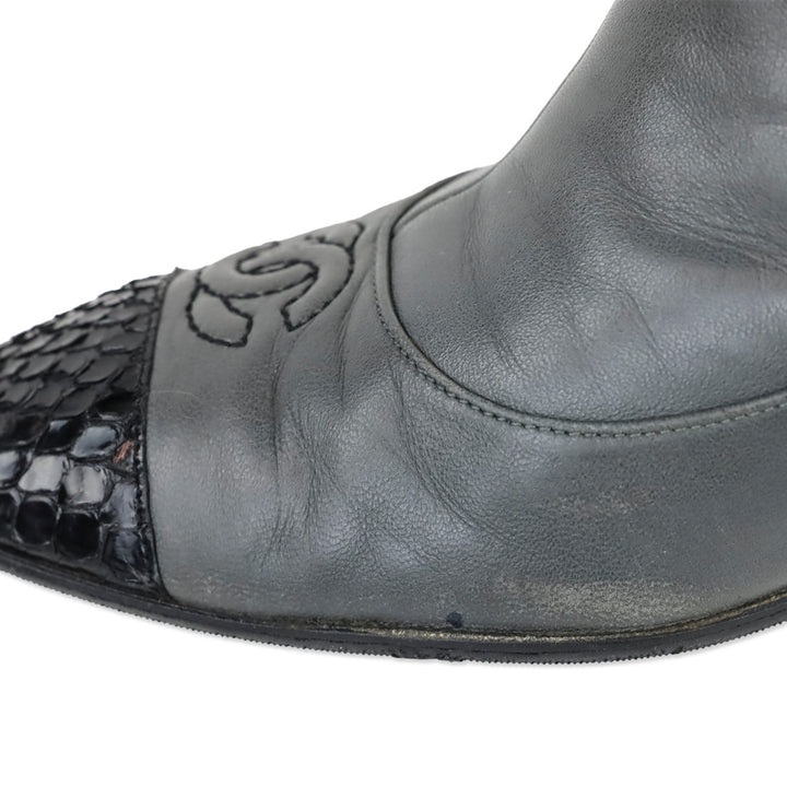 Chanel Grey Calfskin Leather Snakeskin Cap Toe Bow Ankle Boots