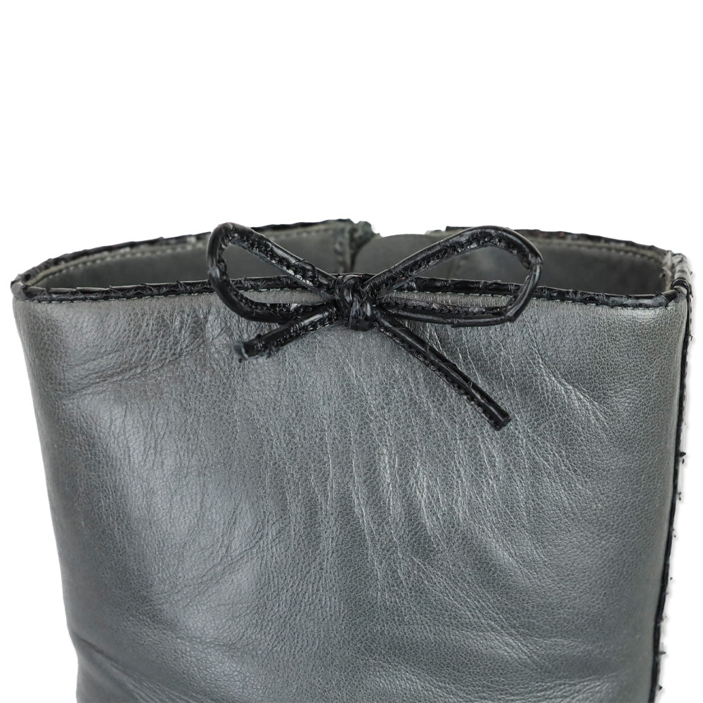 Chanel Grey Calfskin Leather Snakeskin Cap Toe Bow Ankle Boots