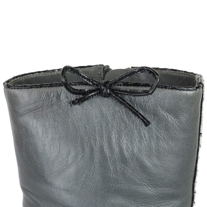 Chanel Grey Calfskin Leather Snakeskin Cap Toe Bow Ankle Boots