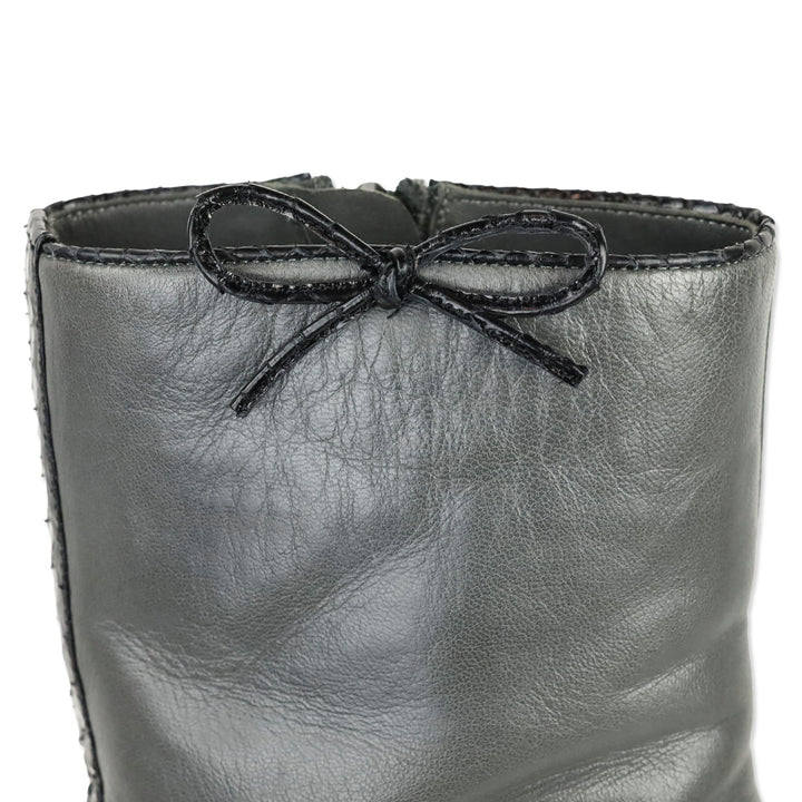Chanel Grey Calfskin Leather Snakeskin Cap Toe Bow Ankle Boots
