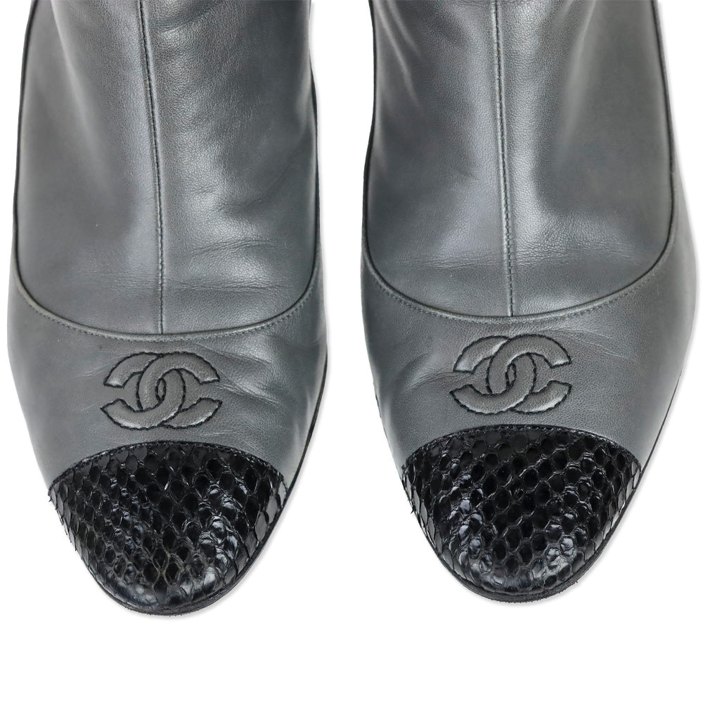 Chanel Grey Calfskin Leather Snakeskin Cap Toe Bow Ankle Boots