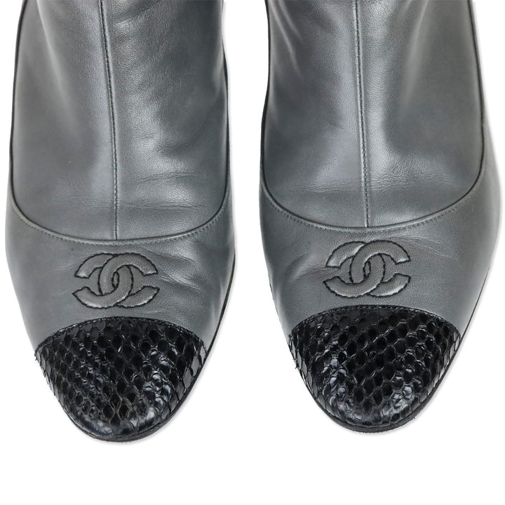Chanel Grey Calfskin Leather Snakeskin Cap Toe Bow Ankle Boots