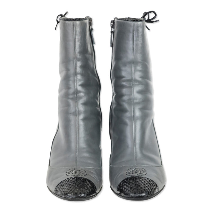 Chanel Grey Calfskin Leather Snakeskin Cap Toe Bow Ankle Boots