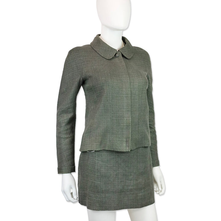 Chanel Grey Linen Zip Up Jacket & Mini Skirt Set
