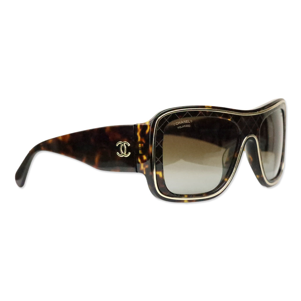 Chanel Havana Quilted Acetate Gold Trim Shield Sunglasses