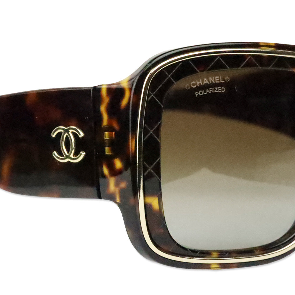 Chanel Havana Quilted Acetate Gold Trim Shield Sunglasses