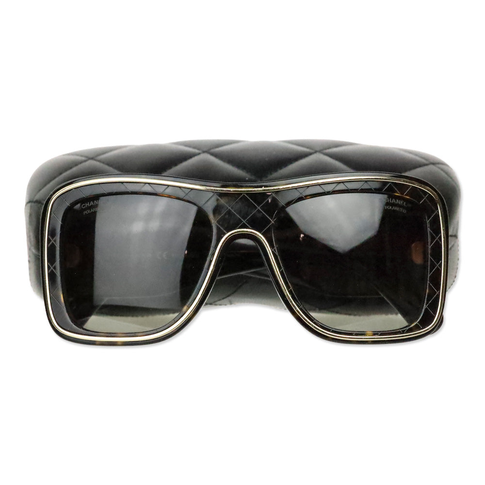 Chanel Havana Quilted Acetate Gold Trim Shield Sunglasses