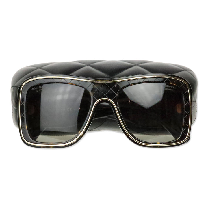 Chanel Havana Quilted Acetate Gold Trim Shield Sunglasses