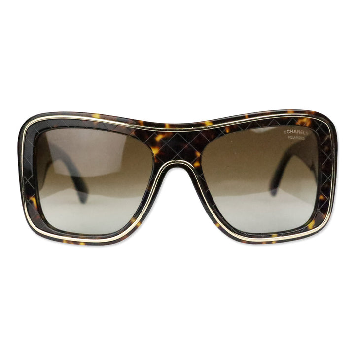 Chanel Havana Quilted Acetate Gold Trim Shield Sunglasses