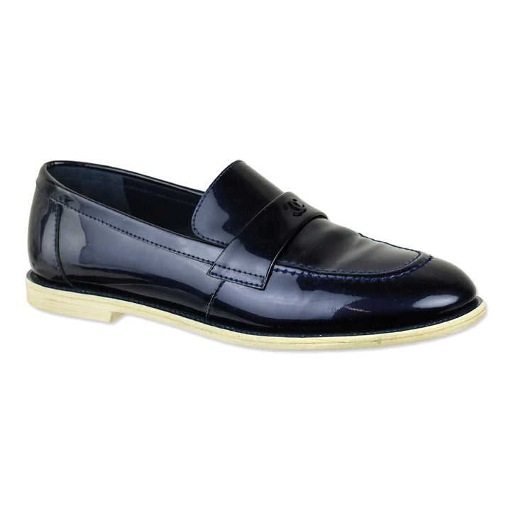 Chanel Iridescent Blue Patent Leather CC Penny Loafers