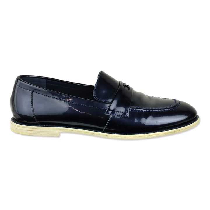 Chanel Iridescent Blue Patent Leather CC Penny Loafers