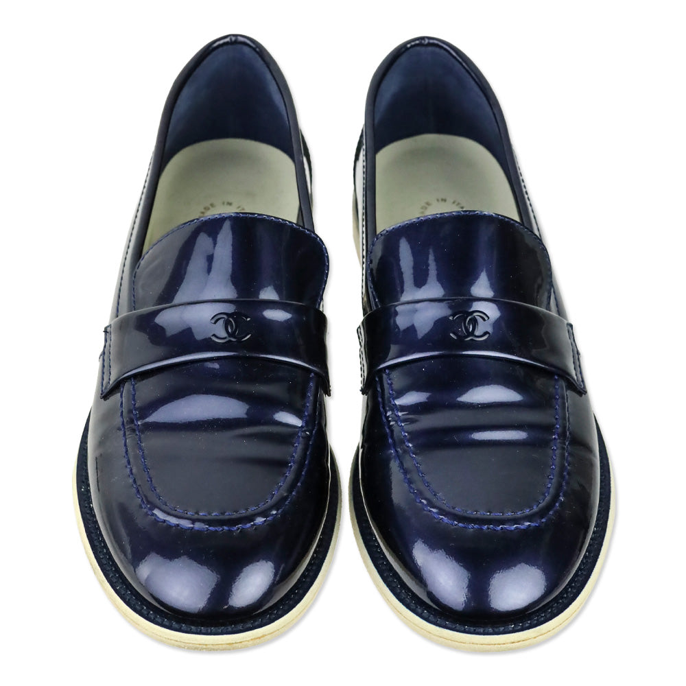 Chanel Iridescent Blue Patent Leather CC Penny Loafers
