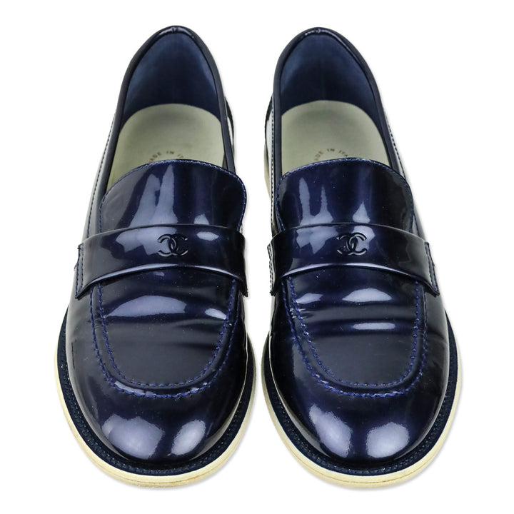 Chanel Iridescent Blue Patent Leather CC Penny Loafers