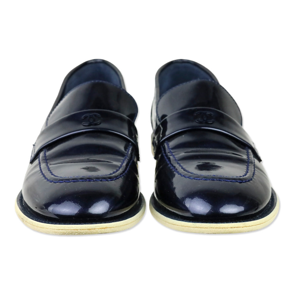 Chanel Iridescent Blue Patent Leather CC Penny Loafers