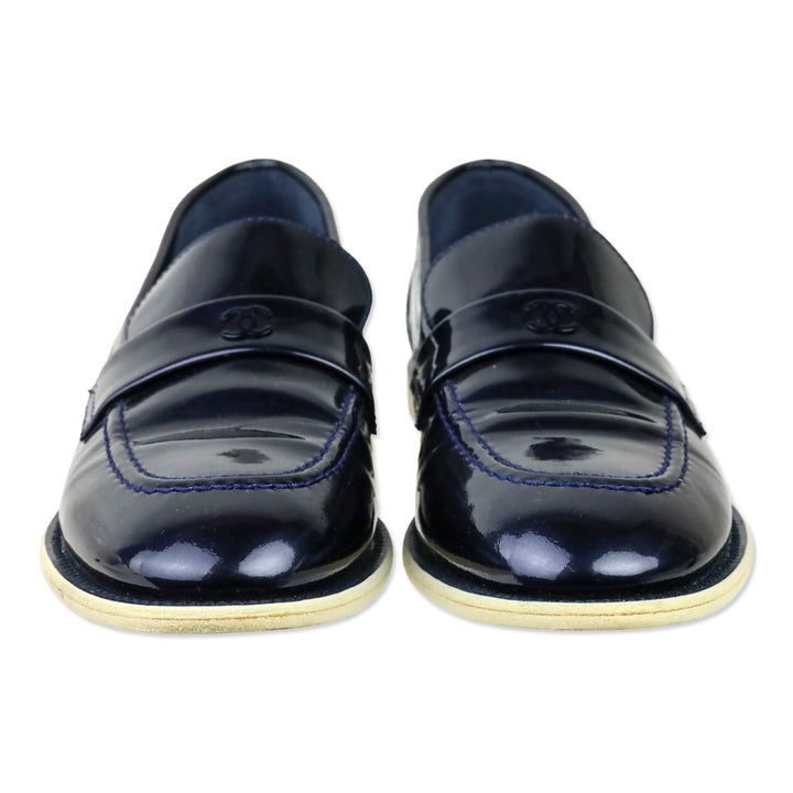 Chanel Iridescent Blue Patent Leather CC Penny Loafers