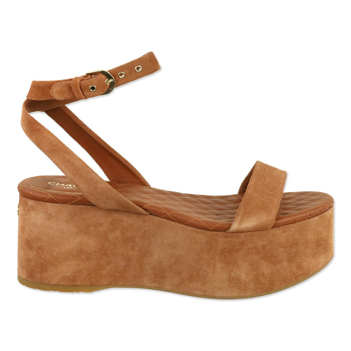 Chanel Light Brown Suede Calfskin Platform Wedge Sandals