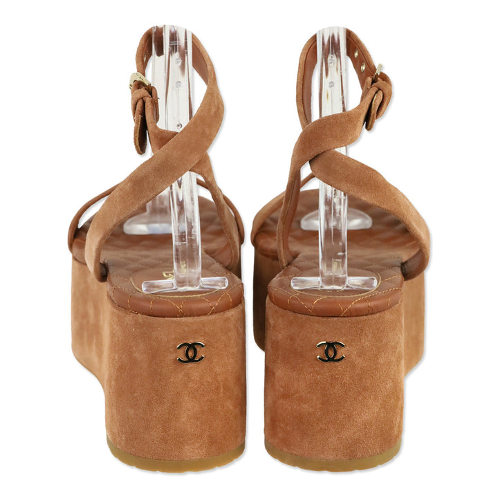 Chanel Light Brown Suede Calfskin Platform Wedge Sandals