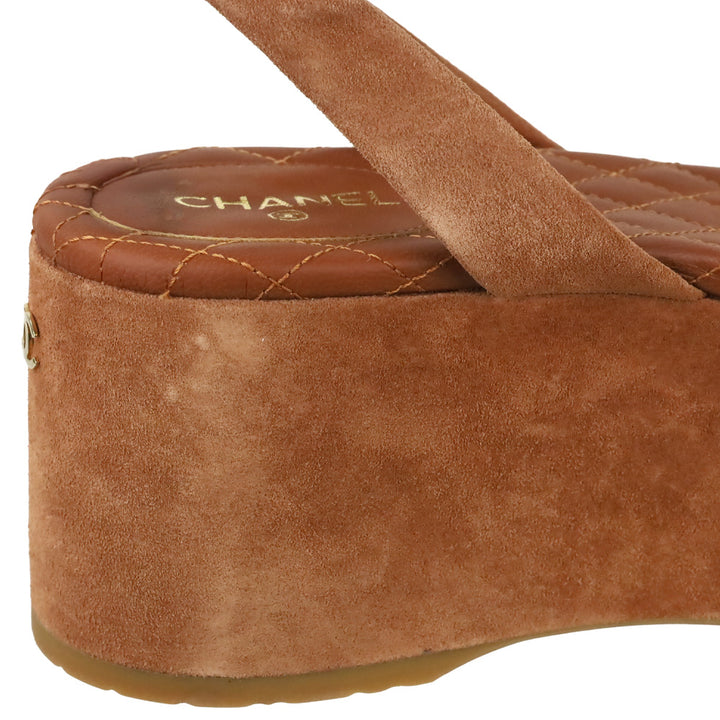 Chanel Light Brown Suede Calfskin Platform Wedge Sandals