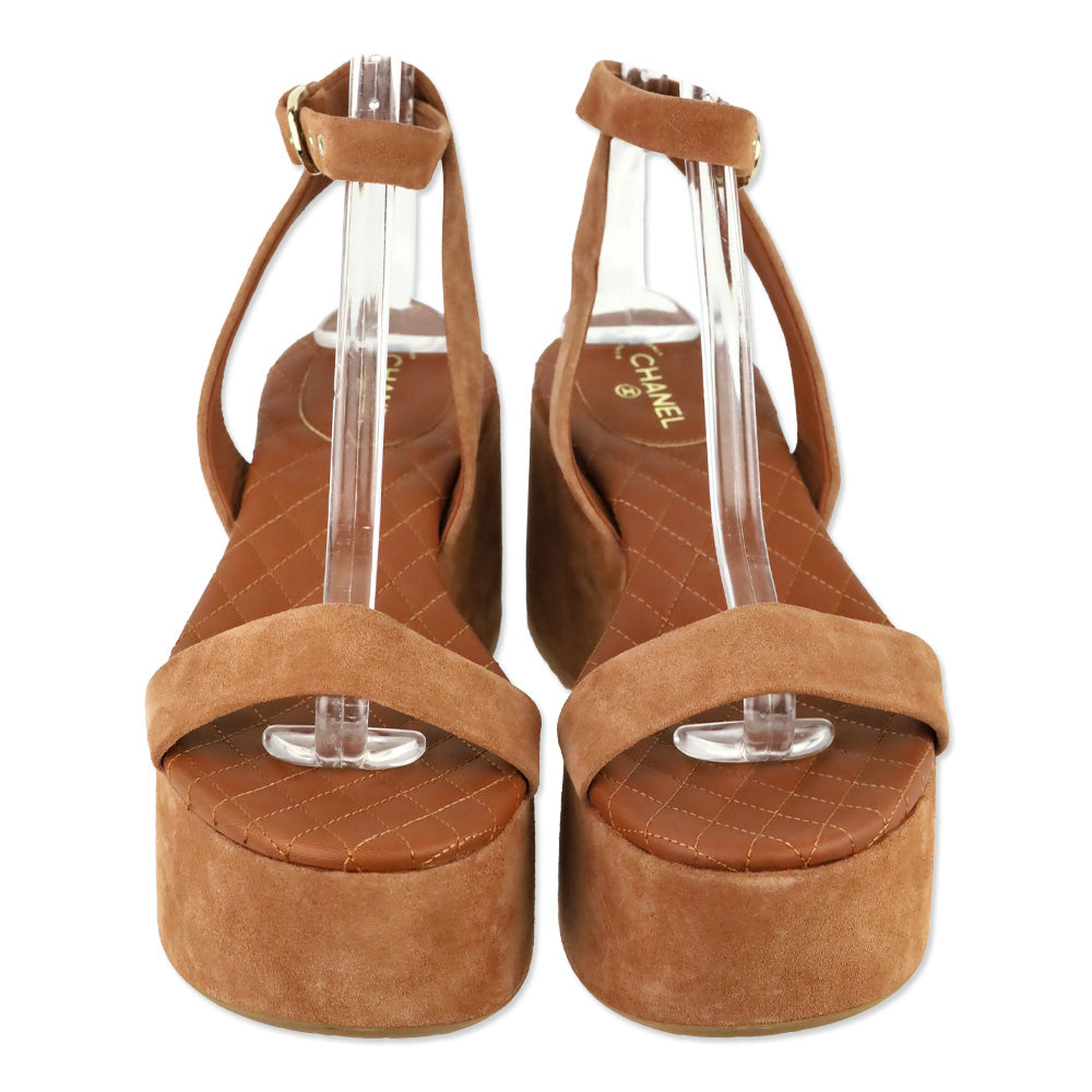 Chanel Light Brown Suede Calfskin Platform Wedge Sandals