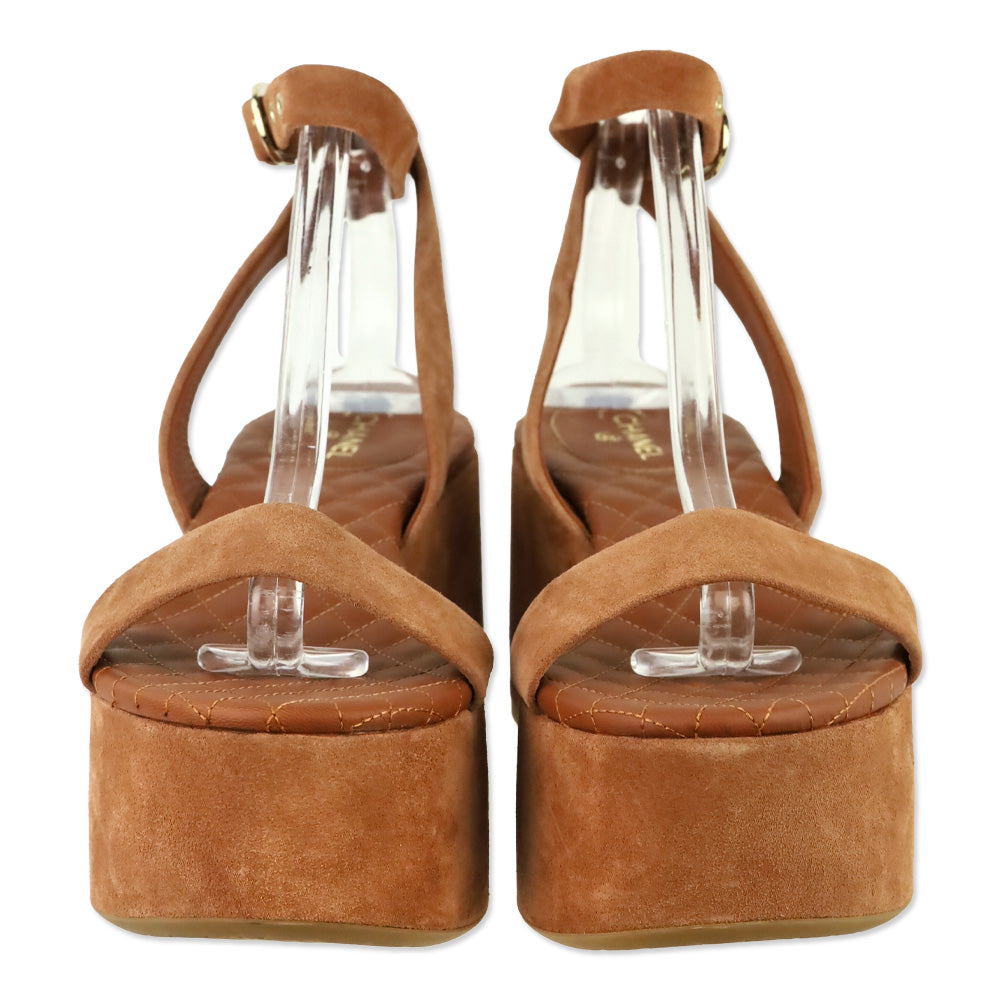Chanel Light Brown Suede Calfskin Platform Wedge Sandals